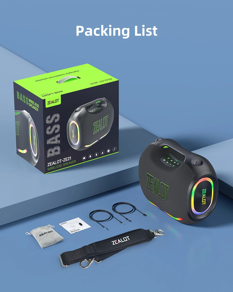 ZEALOT ZE21 250W Wireless Speaker, Outdoor Portable, 48000mAh Long Battery, With RGB Color Lights, Up To 18 Hours Of Play Time.