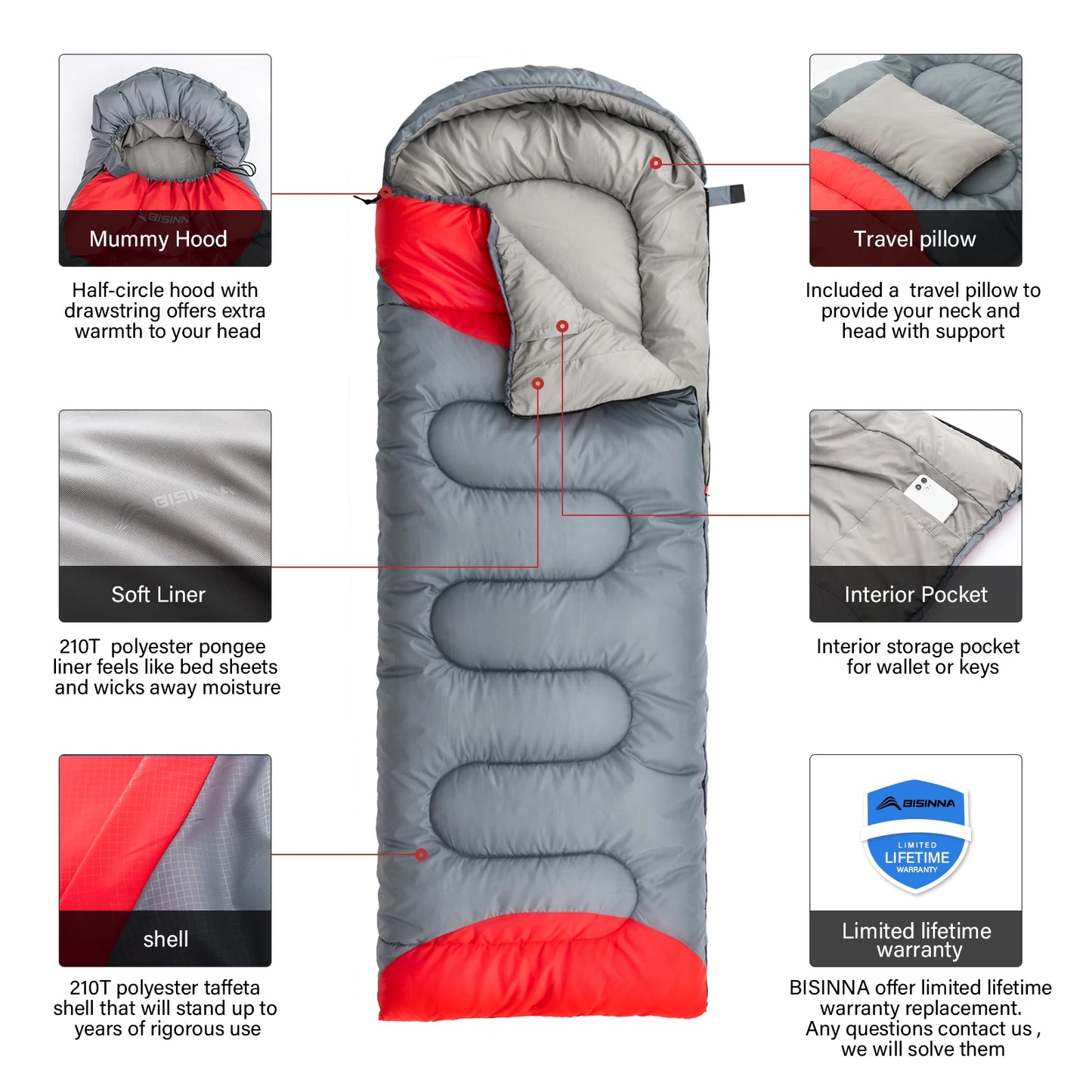 BISINNA 4 Season Camping Sleeping Bag With Pillow Lightweight Waterproof Warm Backpacking Sleeping Bag for Outdoor Hiking