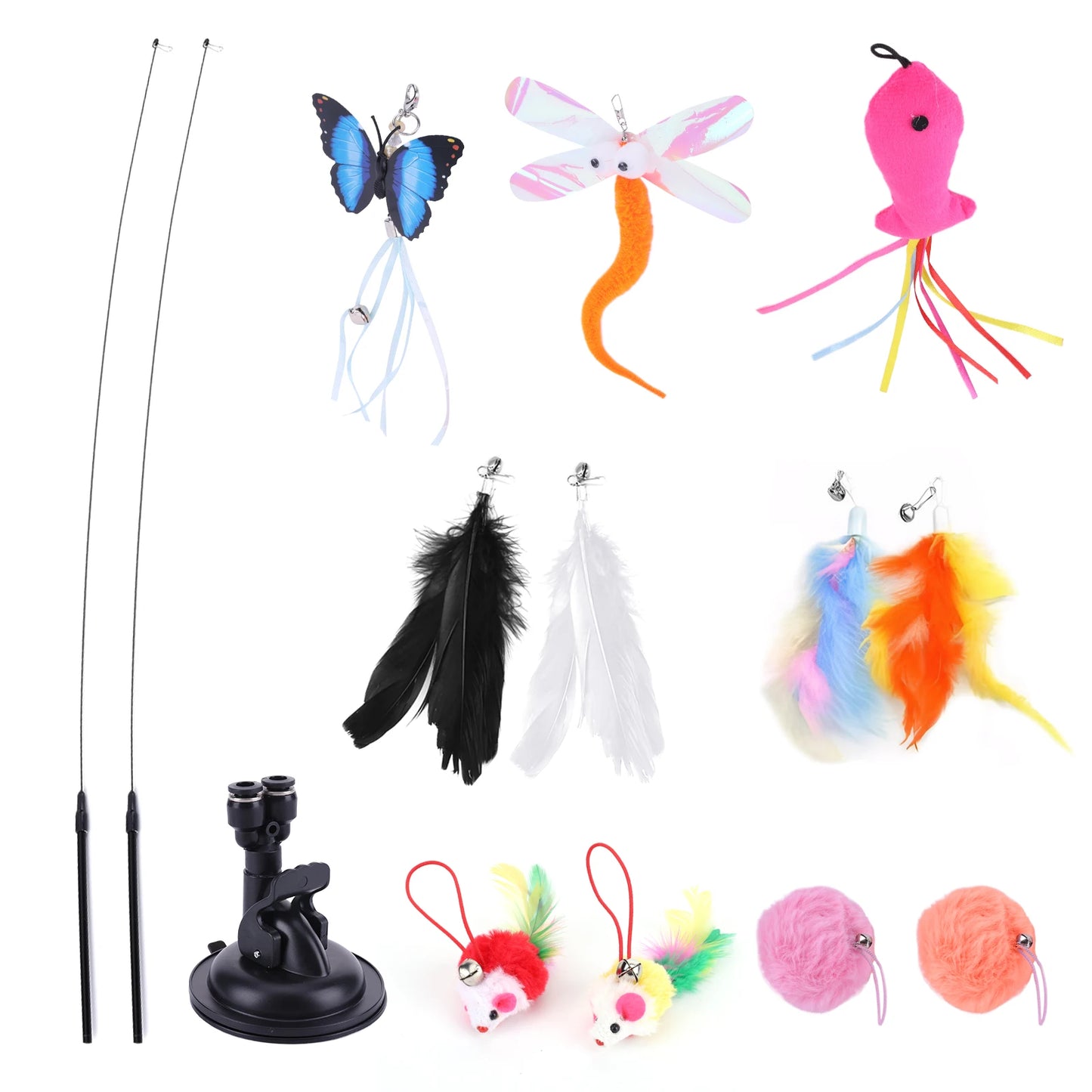 Pet Cat Toy Set Replacement Head Toy Suit Multifunction Interactive Cat Toy Handfree Cat Toy Stick for Floor Glass Door Panel