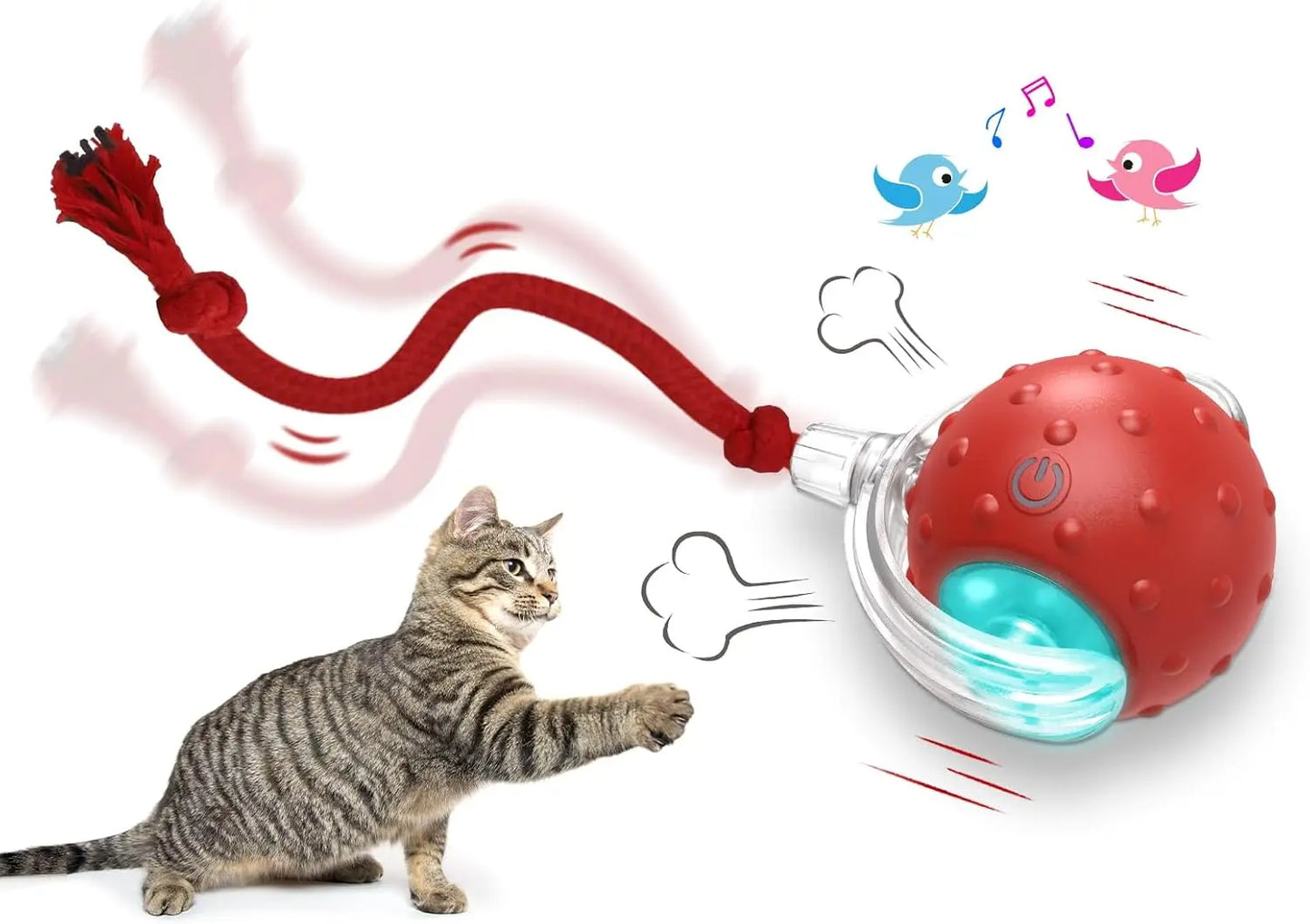 Interactive cat toy ball for indoor cats rolls quickly on the carpet, chirping and activating cat toys with movements (red)