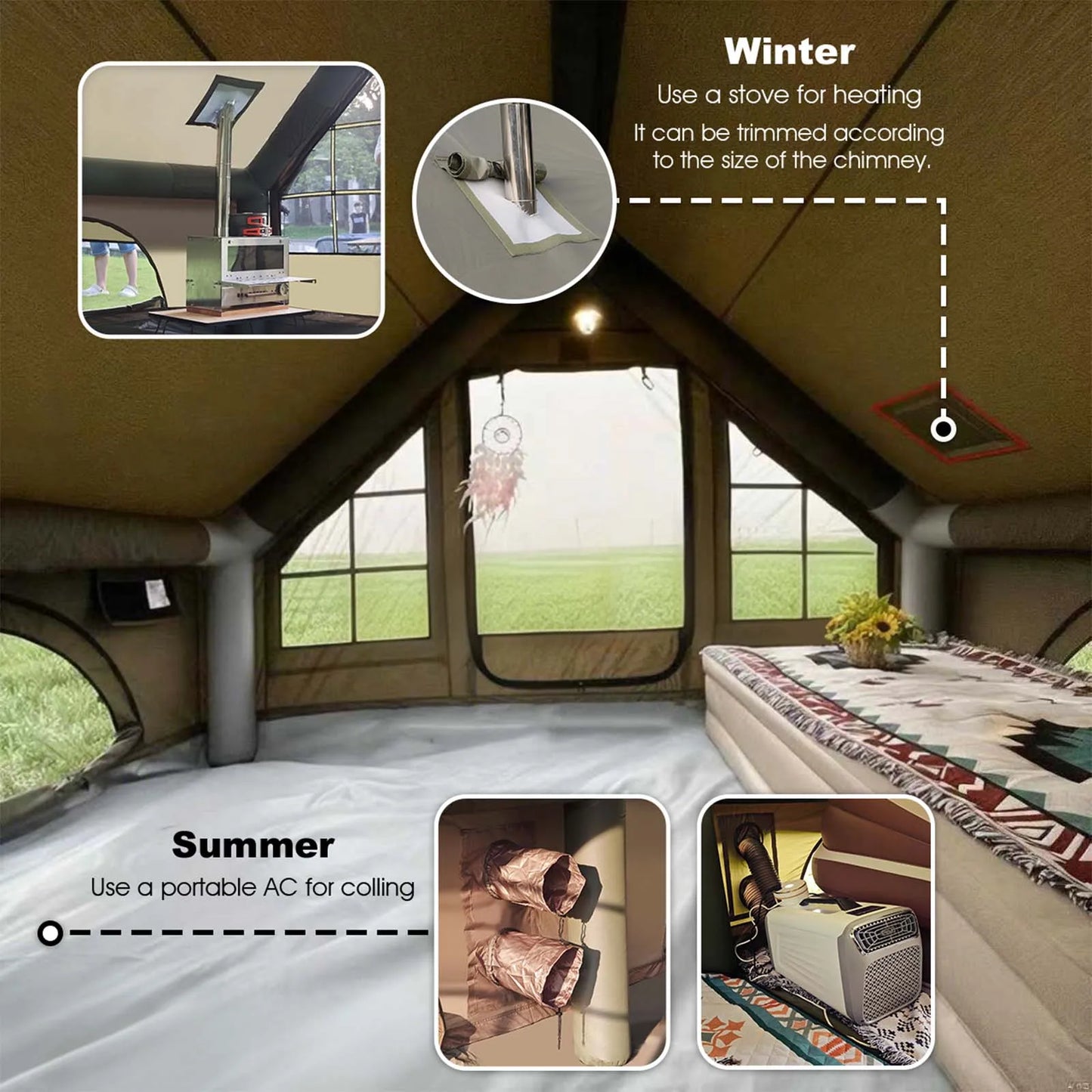 Army Green Waterproof Windproof Inflatable Tent for Camping,4 Season Air Glamping Tent House with Chimney Opening,AC Vent
