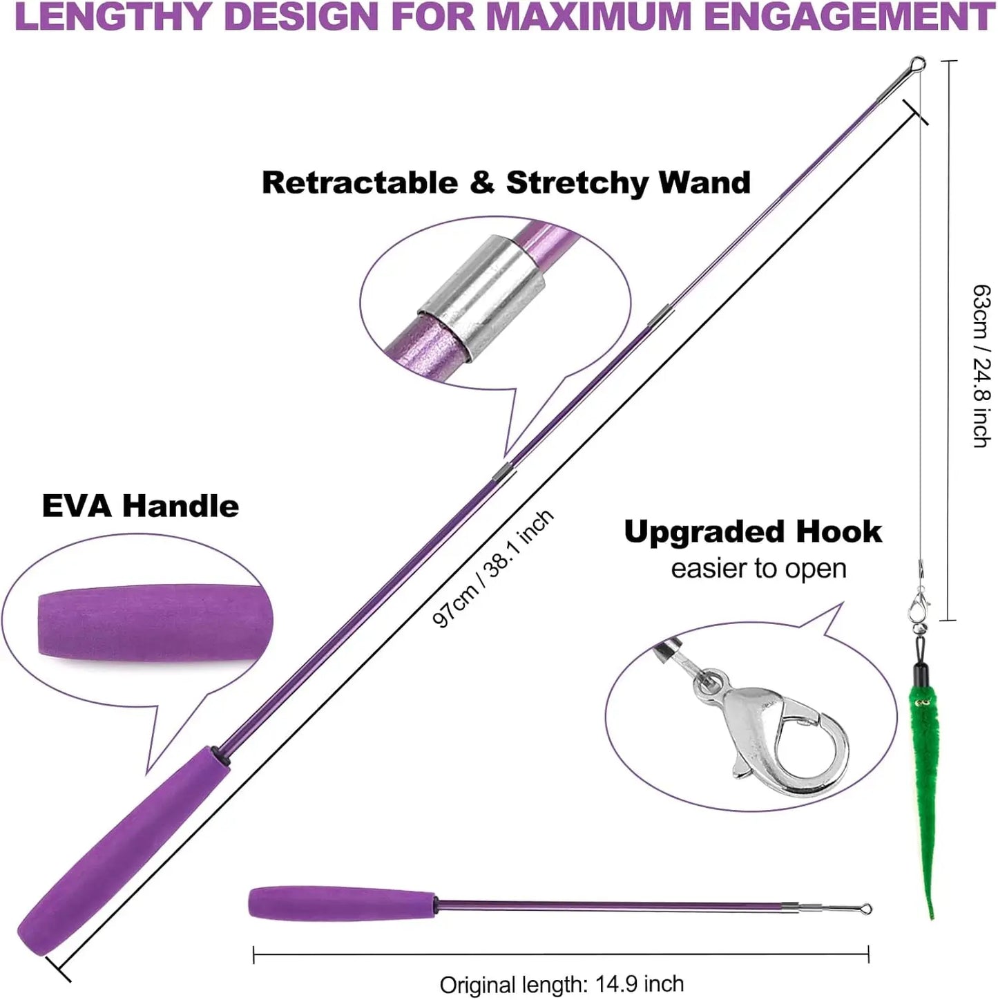 11PCS Cat Wand Toy, Cat Interactive Toys for Indoor Cats, 2 Retractable Cat Wand, 7 Worm Cat Teaser Toys and 1 Plush Fish Cat