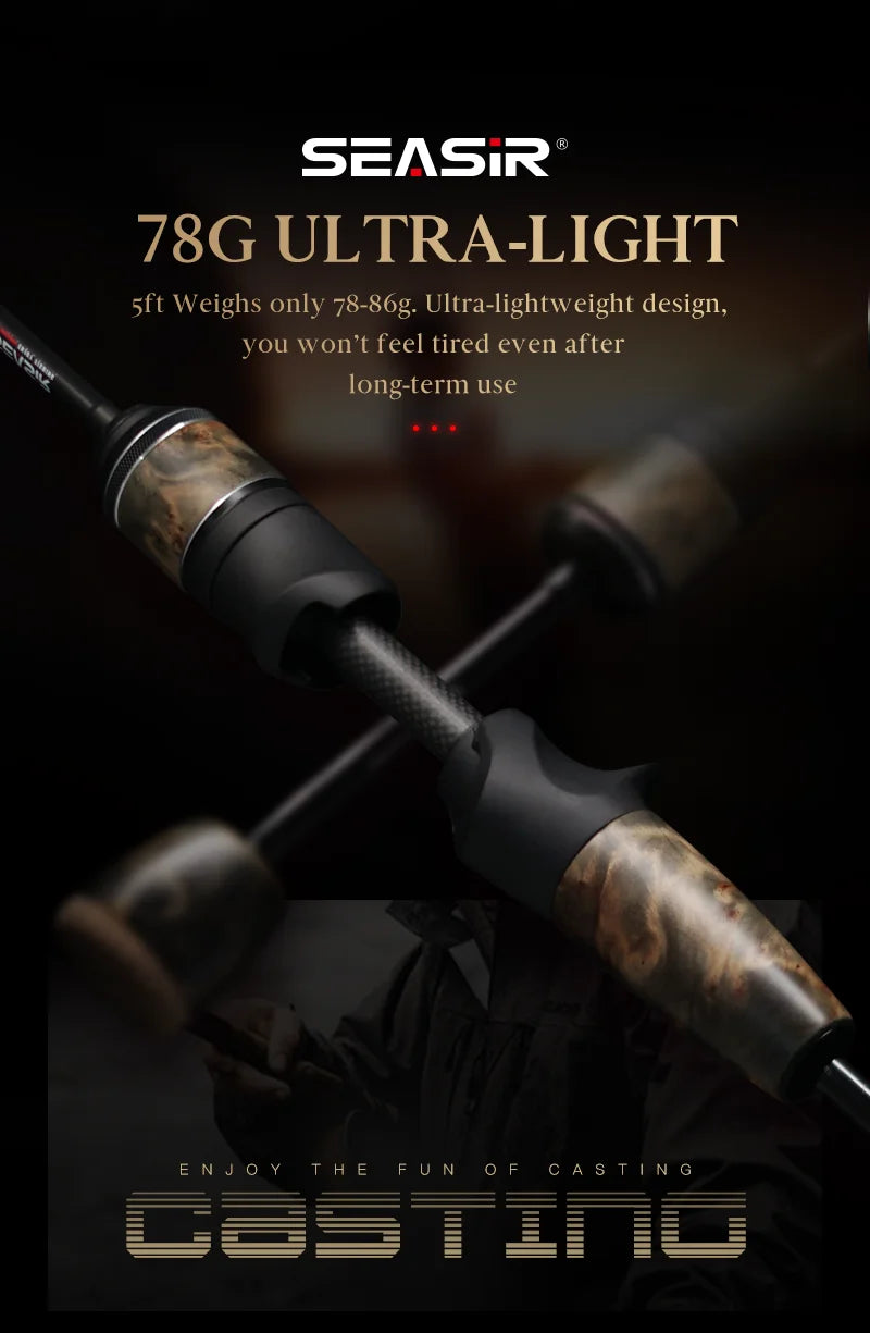 Seasir Stream Spining Baitcasting Fihsing Rods Ultralight Carbon Solid Wood Handle  Fuji A+O 40T Carbon Cloth  Lure Weight 1-10g