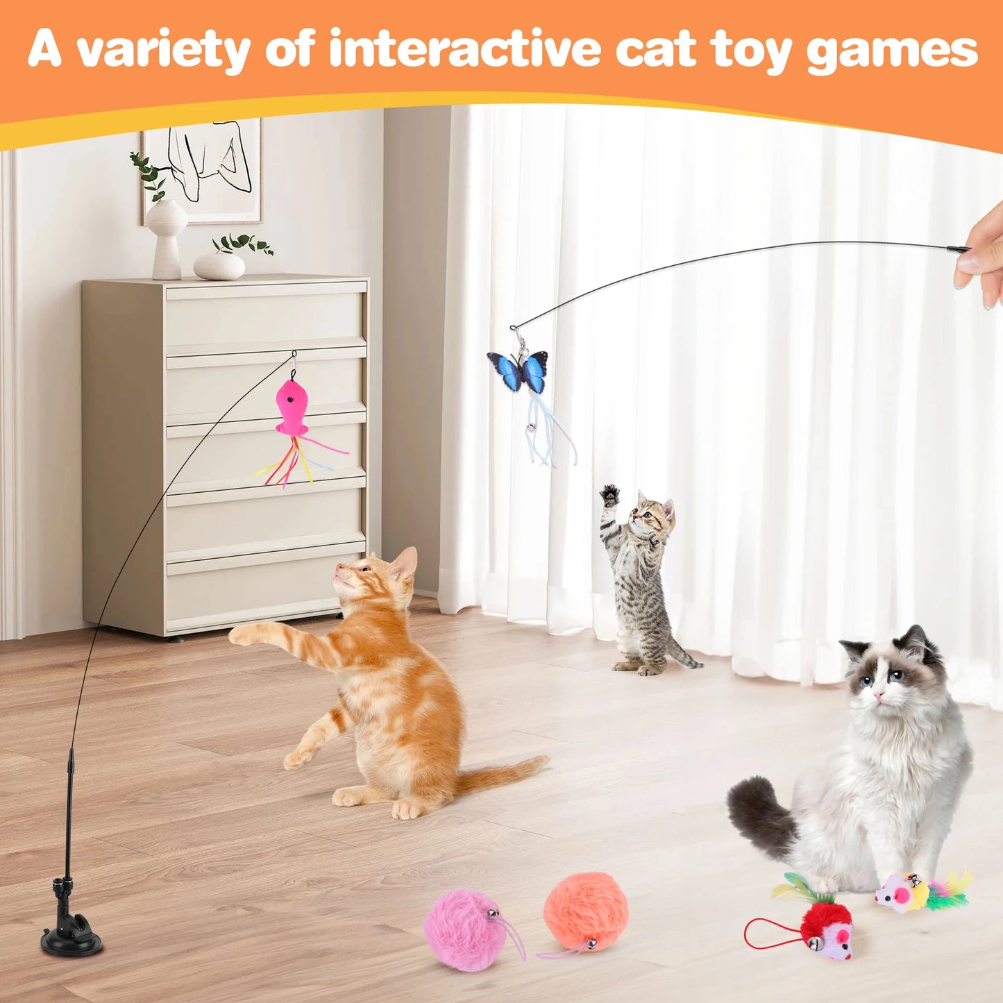 Pet Cat Toy Set Replacement Head Toy Suit Multifunction Handfree Cat Toy Stick Detachable for Cat Training Playing Accessories