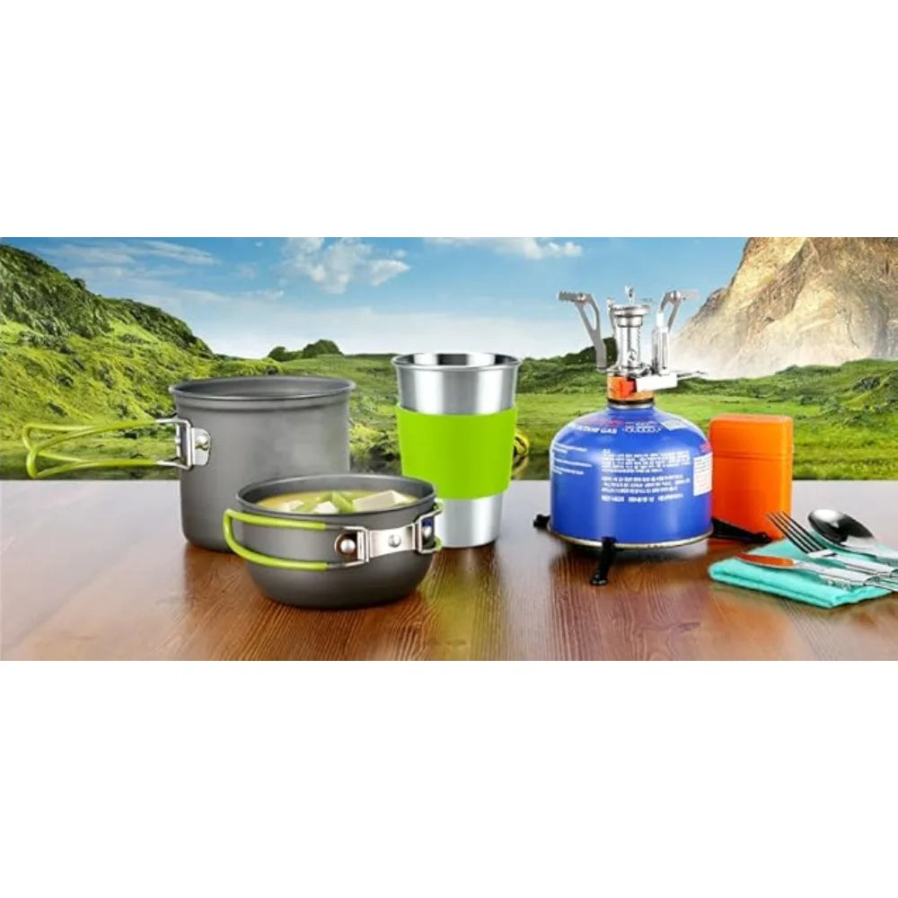 Camping Cookware Stove Carabiner Canister Stand Tripod and Stainless Steel Cup, Tank Bracket, Fork Spoon Kit for Backpacking