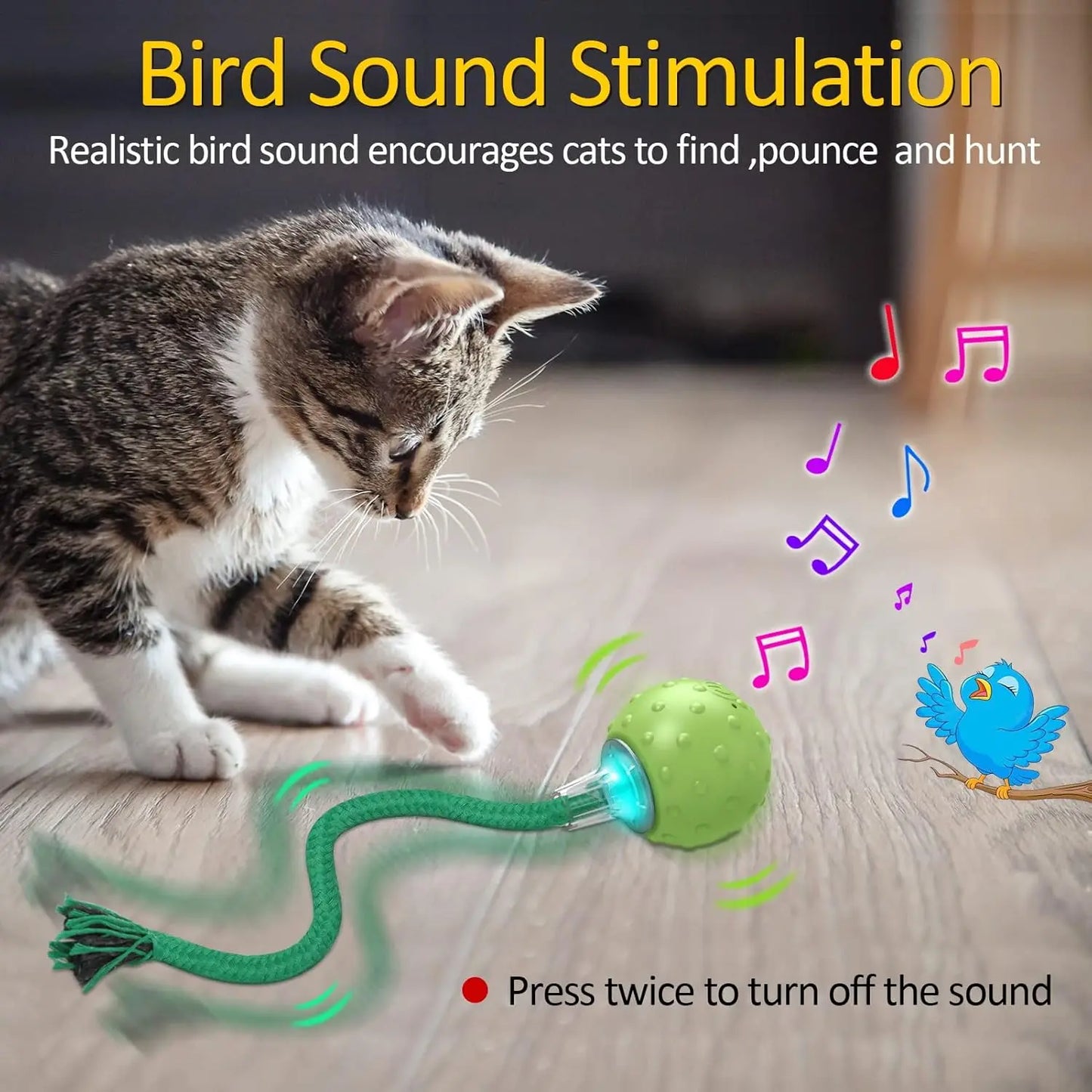 Interactive cat toy designed for adult cats,with automatic fast movement on the carpet,bird calls,and motion activated cat balls