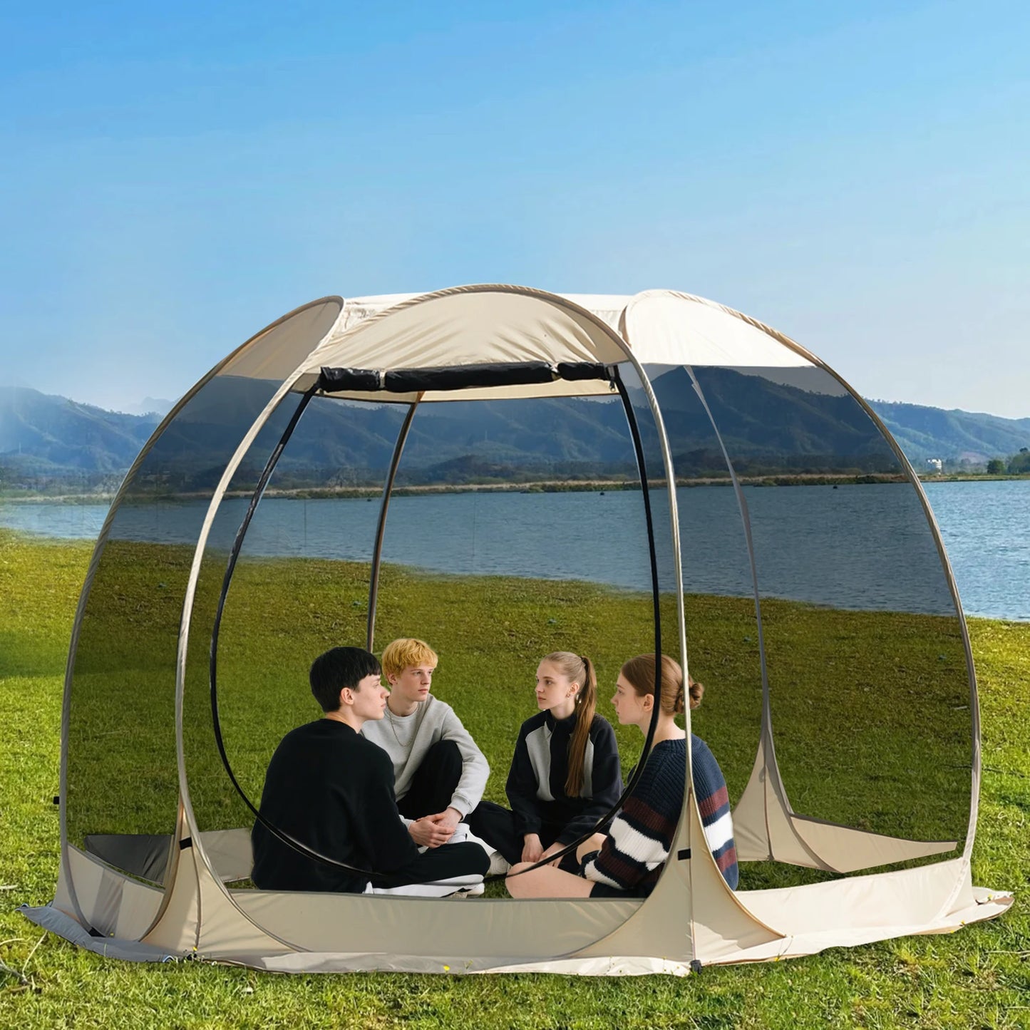Pop Up Party Tent , 4-6 Person Pavilion, Screen Tent, 6-sided Pop-up Camping Canopy Tent With Mesh Window