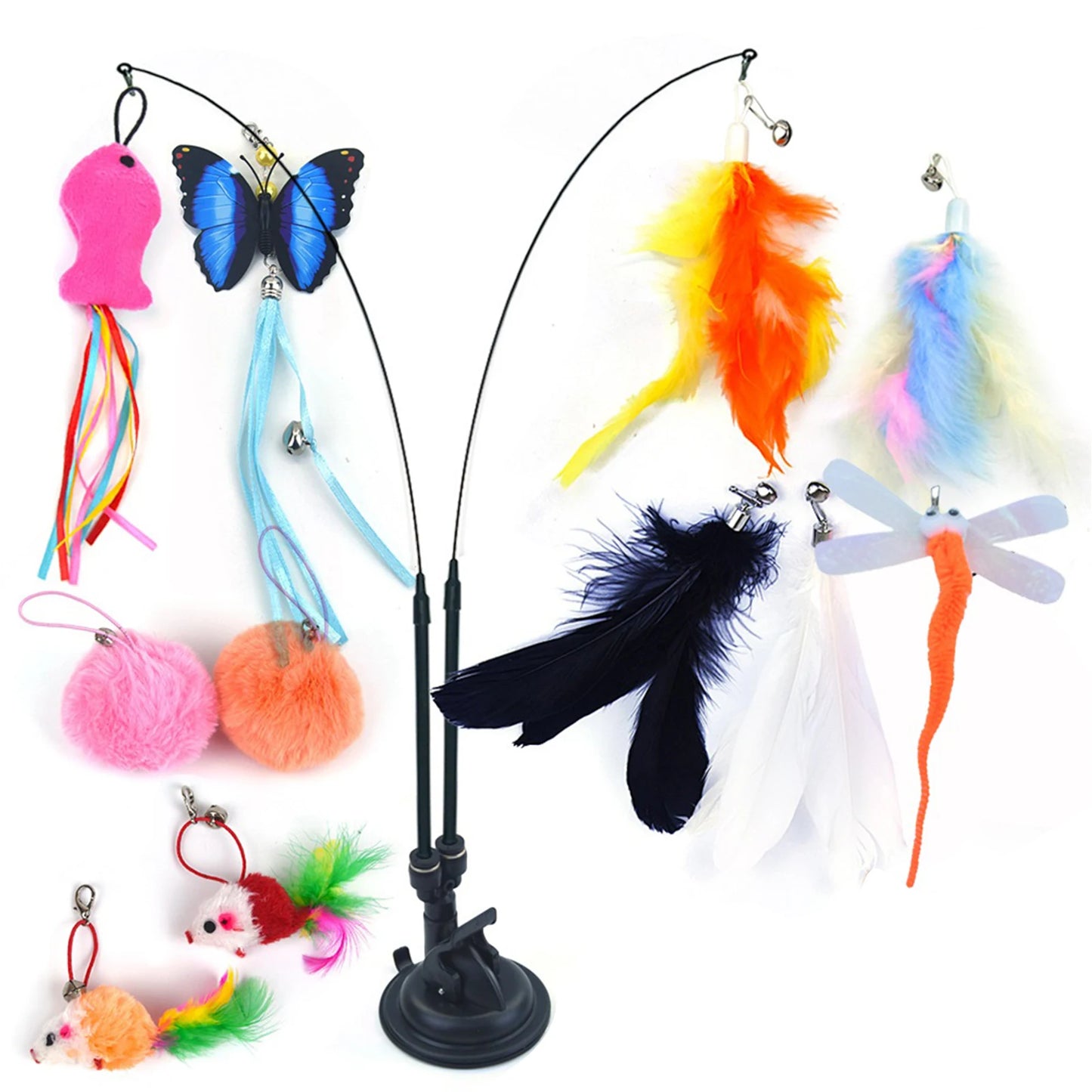 Pet Cat Toy Set Replacement Head Toy Suit Multifunction Handfree Cat Toy Stick Detachable for Cat Training Playing Accessories