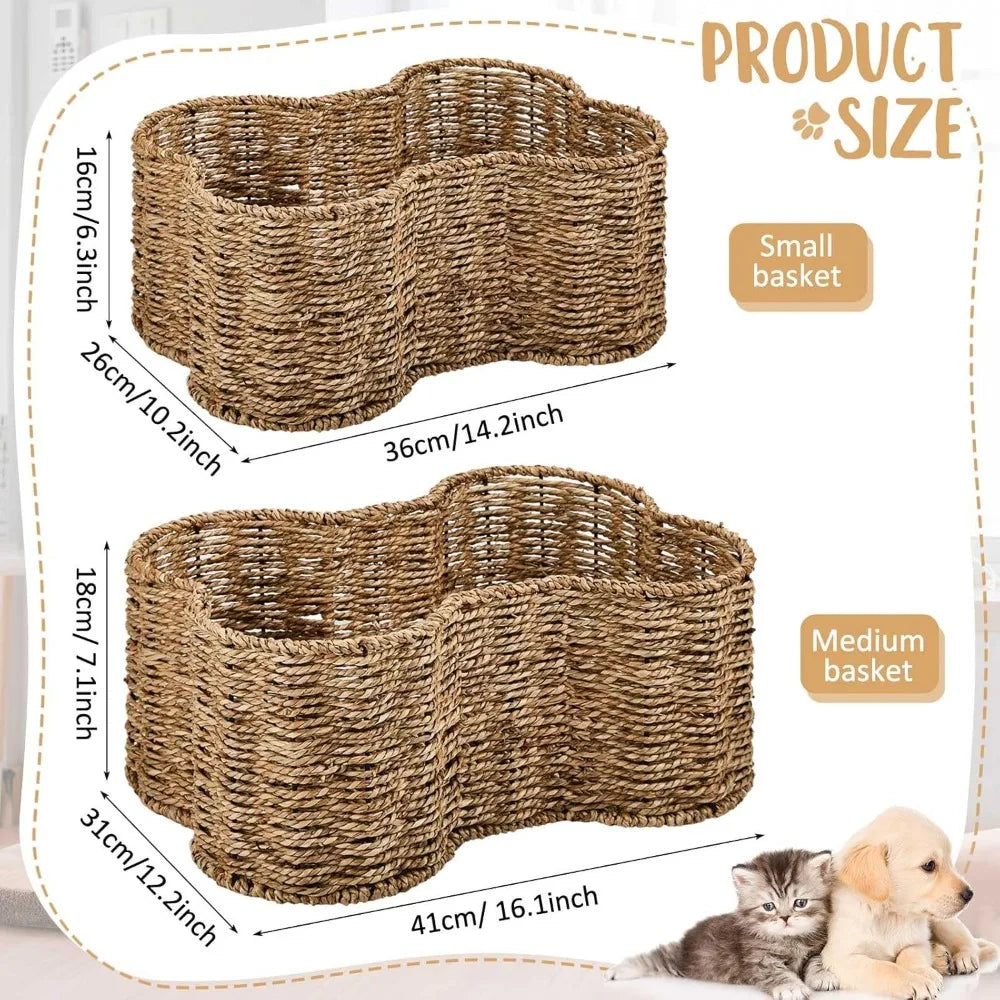2 Pcs Dog Toy Basket Bone Shaped Dog Toy Box Bin Handmade Wicker Bone Shaped Basket for Pet Storage Organizer, 2 Sizes 16. 1 x