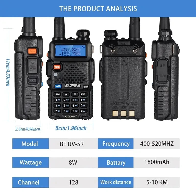 2pcs BAOFENG UV-5R 5W 8W High Power Dual Band Two Way Radio Long Range Handheld Portable Walkies Talkies For Hunting
