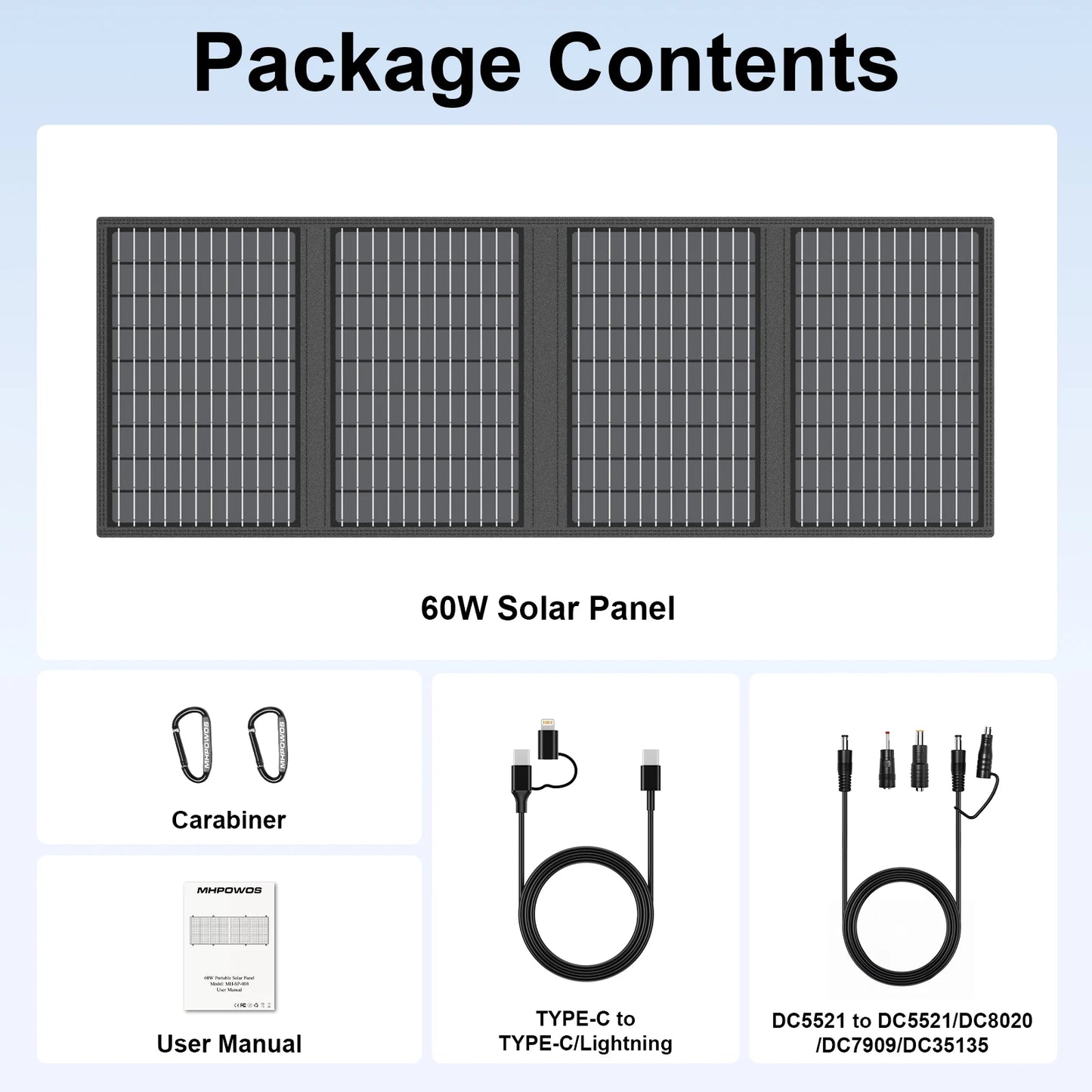 MHPOWOS Solar Battery Charger for Powerbank, 45W / 60W Foldable Portable Solar Panel with USB C, DC Output for Camping Phone