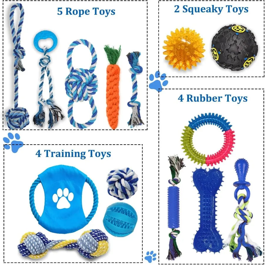 15Pack Interactive Dog Toys for Teeth Cleaning and Puppy Teething Relief: Squeaky Treat Balls Rope Chew Toys and Durable Rubber