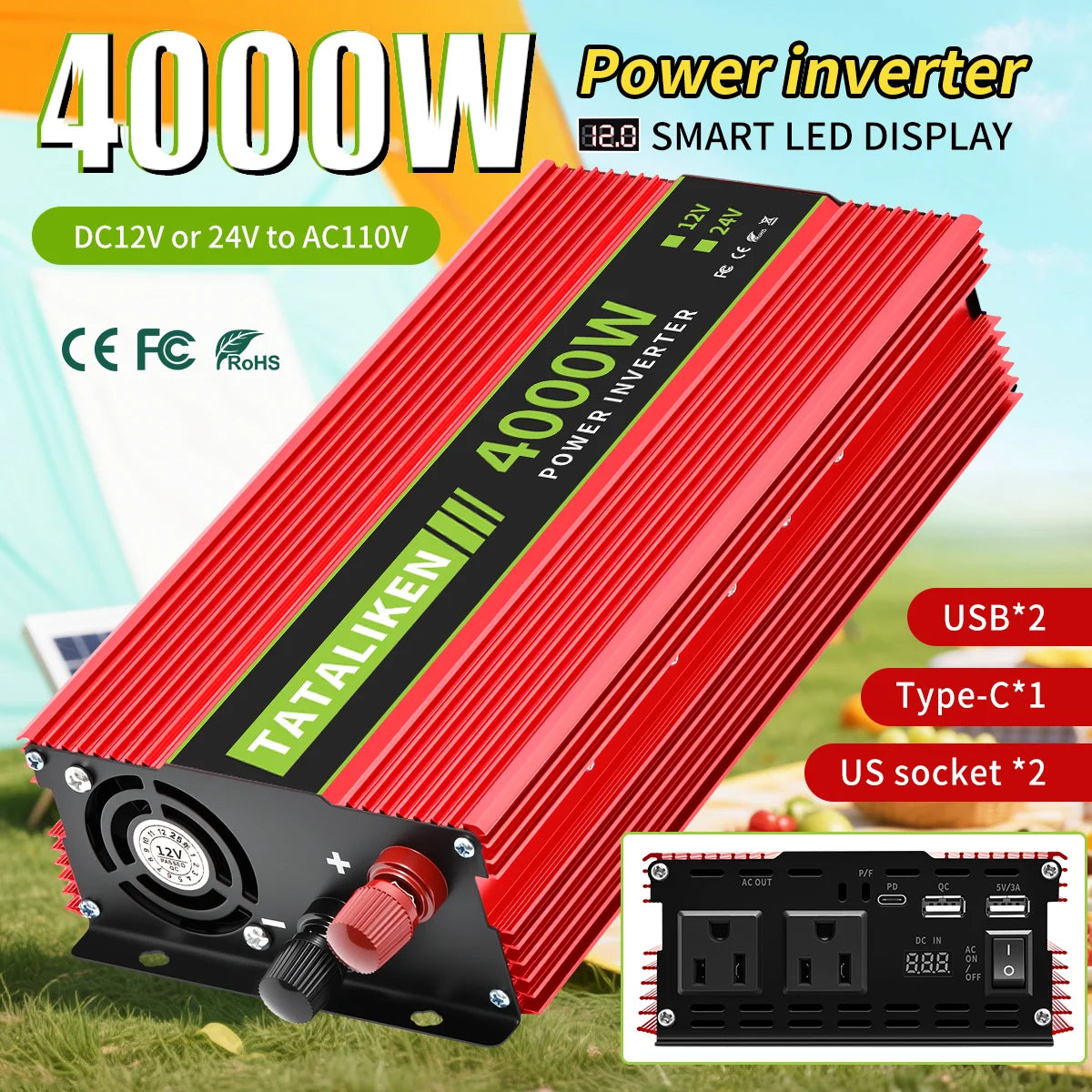 12V to 110V LCD Display Voltage Transformer Car Adapter 4000W Vehicle Power Inverter  Charge Converter