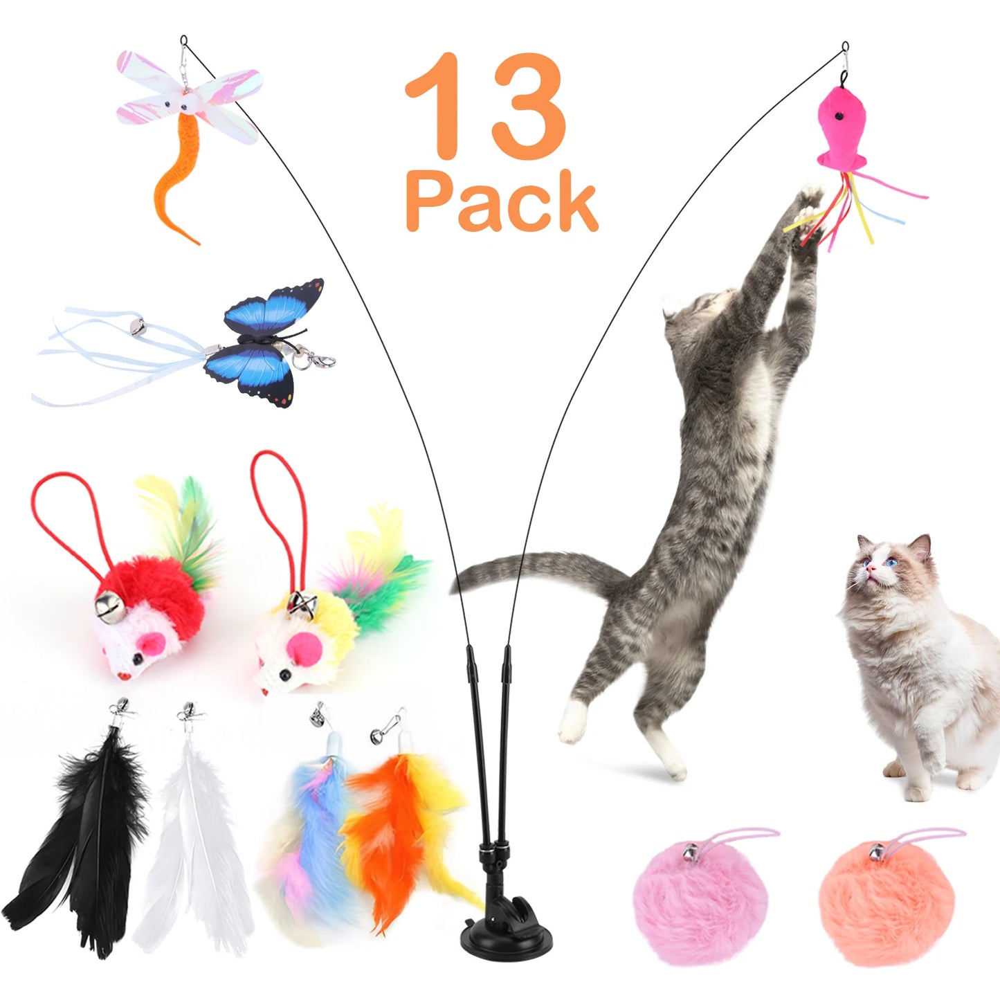 Pet Cat Toy Set Replacement Head Toy Suit Multifunction Handfree Cat Toy Stick Detachable for Cat Training Playing Accessories