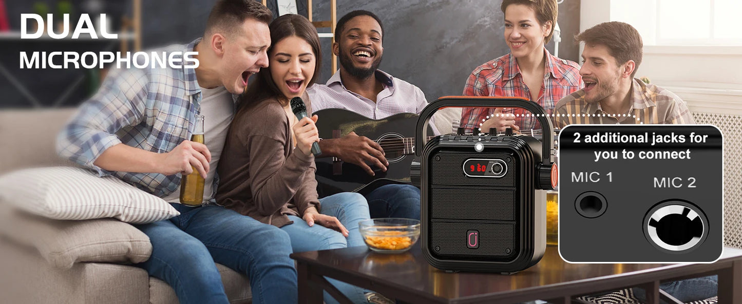 Bluetooth Speaker, Wireless Speaker with 2 Microphone, FM Radio, Portable Karaoke Machine, Home Karaoke System with Remote