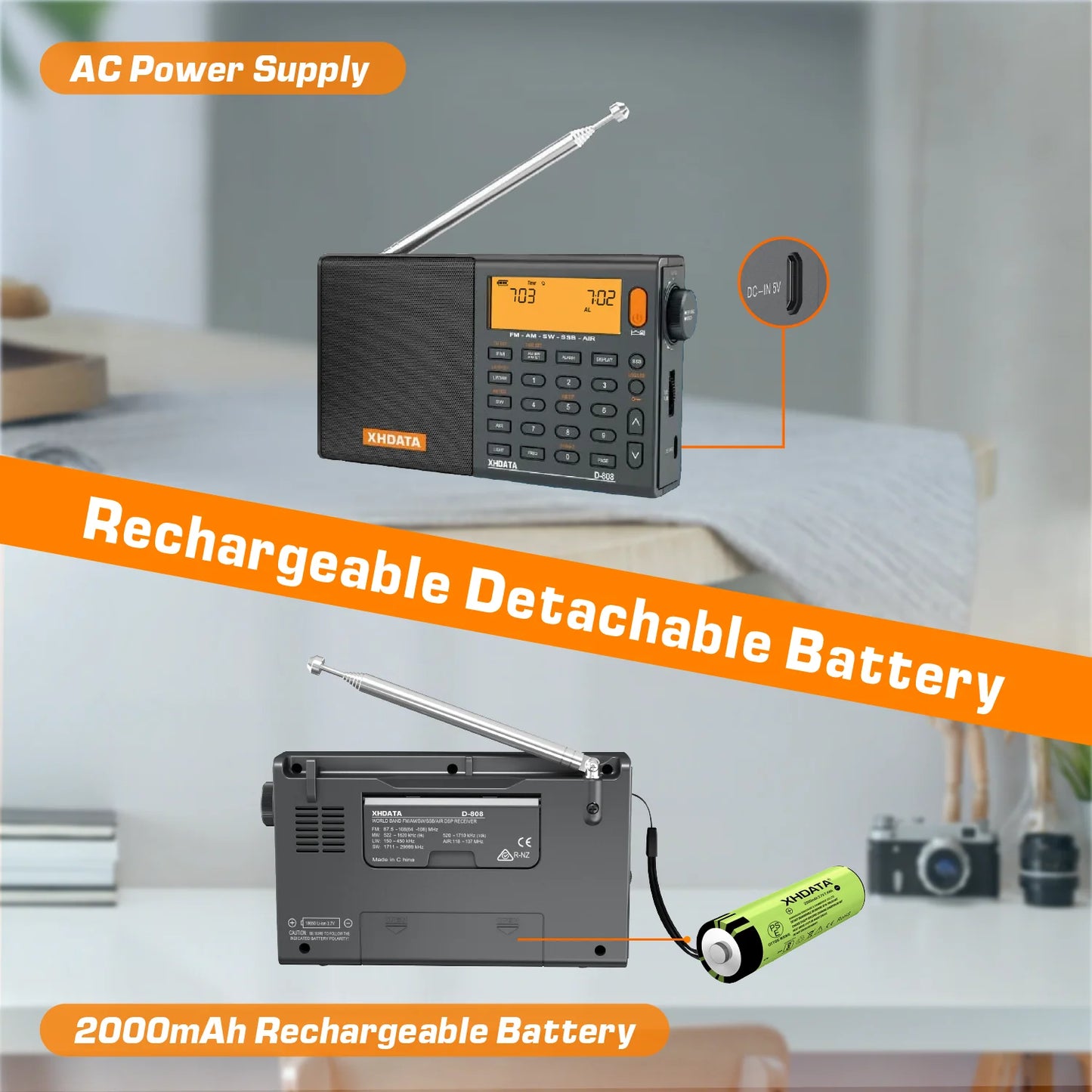 XHDATA D-808 AM/FM/SW/MW SSB AIR RDS Full Band Portable Radio with Multifunction Deep Sound Stereo Rechargeable Radio Receiver