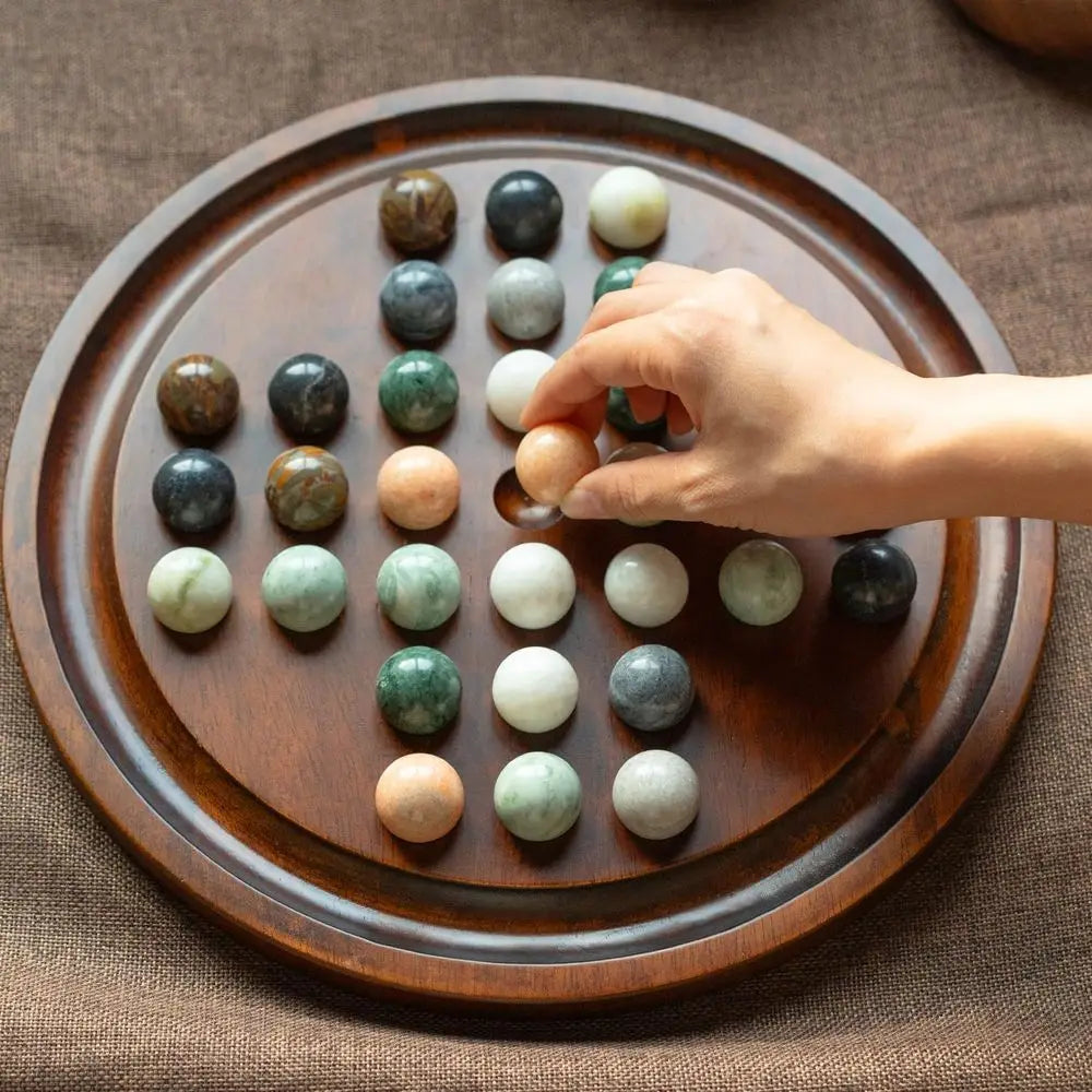 Lingle Deluxe Solitaire Game Set: 12.6'' Solid Wooden Board, 32 Natural Marble Balls, Single-Player Strategy and Smart Games