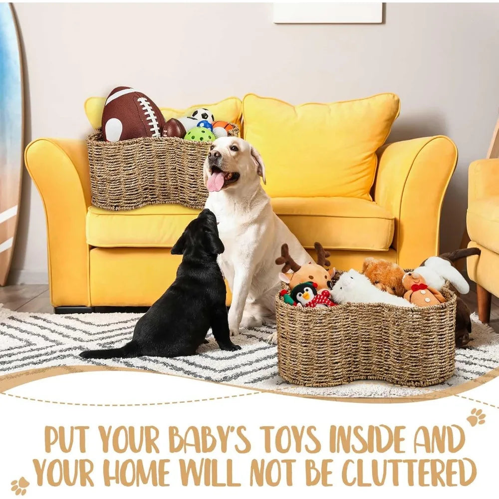 2 Pcs Dog Toy Basket Bone Shaped Dog Toy Box Bin Handmade Wicker Bone Shaped Basket for Pet Storage Organizer, 2 Sizes 16. 1 x