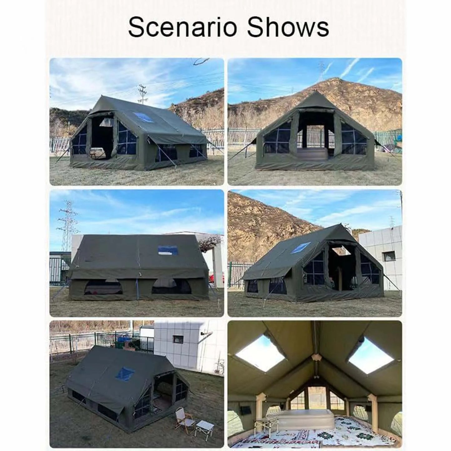 Army Green Waterproof Windproof Inflatable Tent for Camping,4 Season Air Glamping Tent House with Chimney Opening,AC Vent