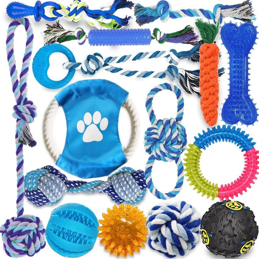 15Pack Interactive Dog Toys for Teeth Cleaning and Puppy Teething Relief: Squeaky Treat Balls Rope Chew Toys and Durable Rubber