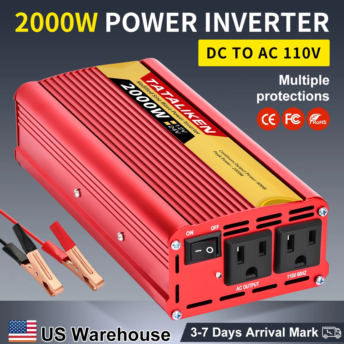 US Socket Inverters 12V/24V 60HZ 110V 600W 1500W 2000W 2500W, Portable Vehicle-Mounted Household Frequency Converter