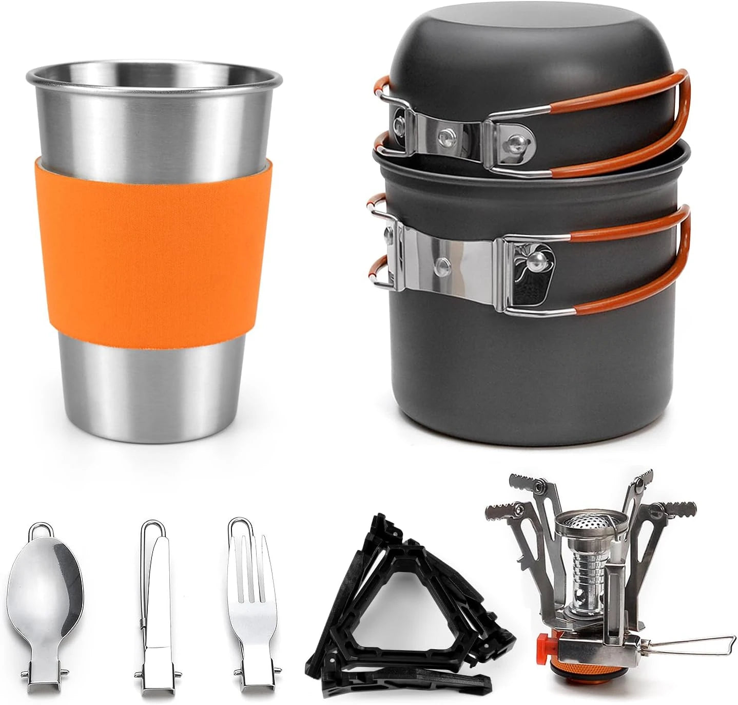 Camping Cookware Stove Carabiner Canister Stand Tripod and Stainless Steel Cup, Tank Bracket, Fork Spoon Kit for Backpacking