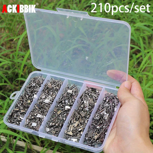 Ackibbik 210pcs/set Fishing Swivels Snap Swivels Barrel Swivels with Snaps, Fishing Swivels Saltwater Freshwater Snap Connector