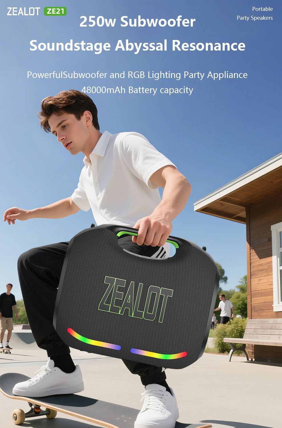 ZEALOT ZE21 250W Wireless Speaker, Outdoor Portable, 48000mAh Long Battery, With RGB Color Lights, Up To 18 Hours Of Play Time.