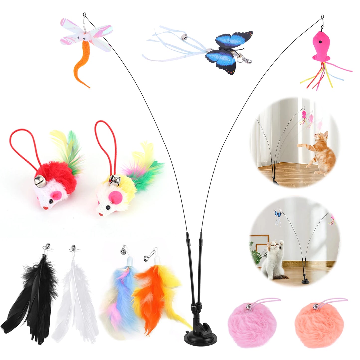 Pet Cat Toy Set Replacement Head Toy Suit Multifunction Interactive Cat Toy Handfree Cat Toy Stick for Floor Glass Door Panel