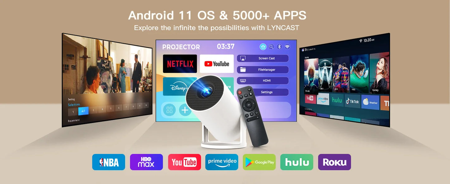 LynCast Projector HY300 Pro+ 4K Android 11 Dual Wifi6 300ANSI Allwinner H713 BT5.4 1080P 720P Outdoor Video Home Theater Cinema