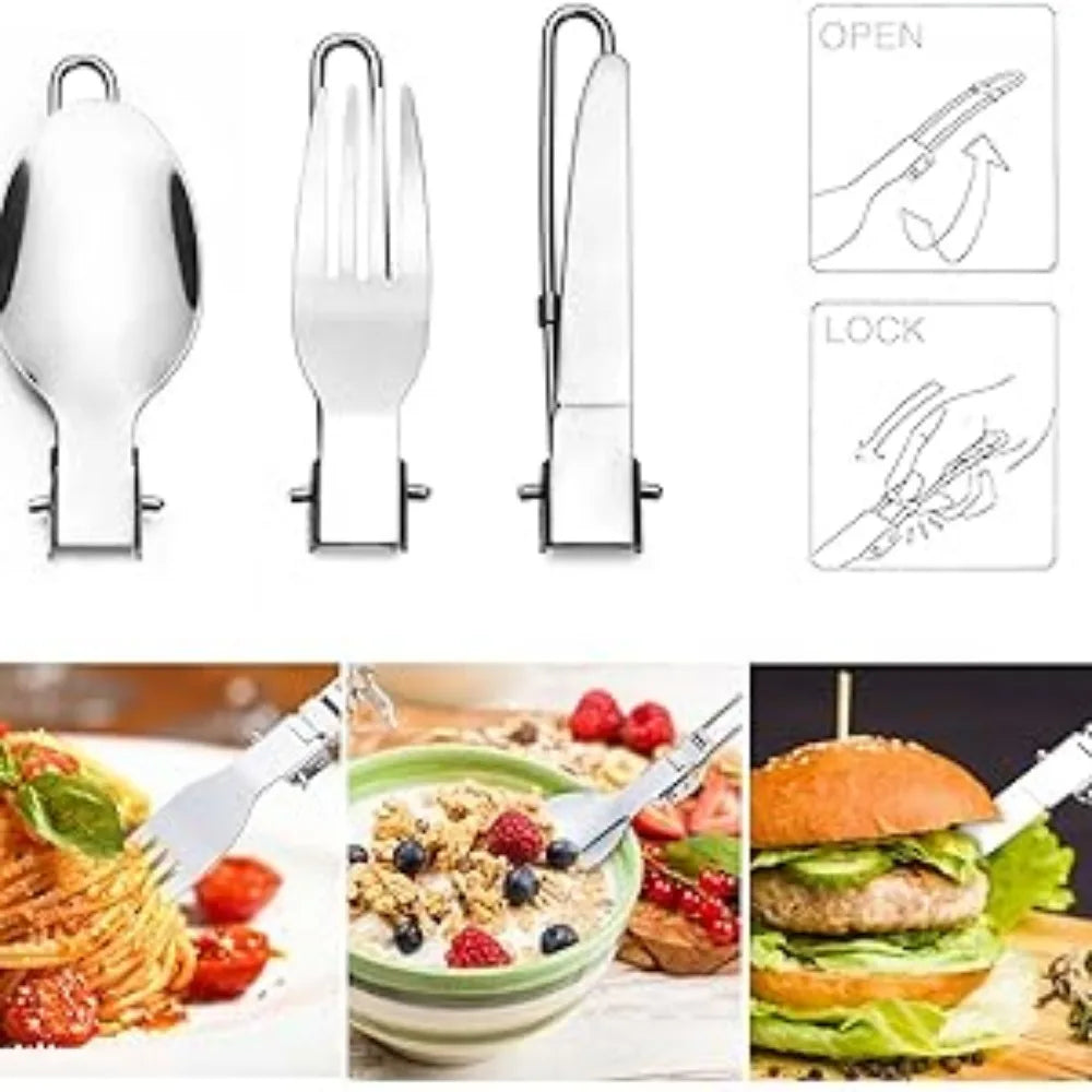 Camping Cookware Stove Carabiner Canister Stand Tripod and Stainless Steel Cup, Tank Bracket, Fork Spoon Kit for Backpacking