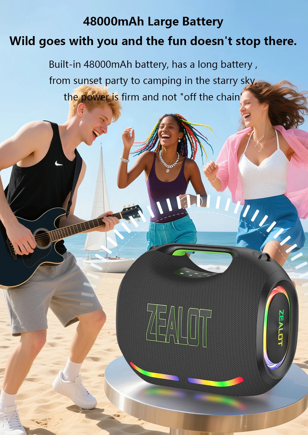 ZEALOT ZE21 250W Wireless Speaker, Outdoor Portable, 48000mAh Long Battery, With RGB Color Lights, Up To 18 Hours Of Play Time.