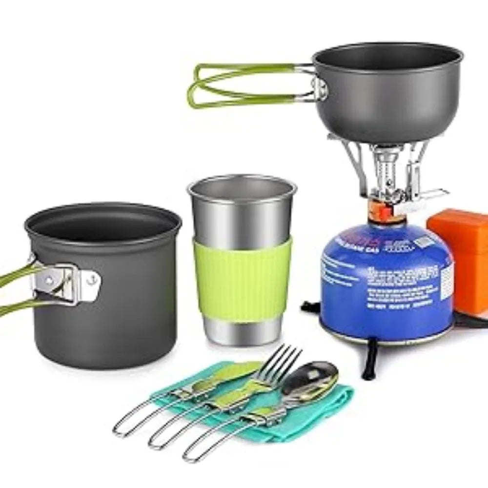 Camping Cookware Stove Carabiner Canister Stand Tripod and Stainless Steel Cup, Tank Bracket, Fork Spoon Kit for Backpacking