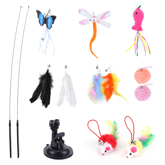Pet Cat Toy Set Suction Cup Toy Set Double Headed Teaser Stick Set Detachable Handfree Cat Toy Stick for Floor Glass Door Panel
