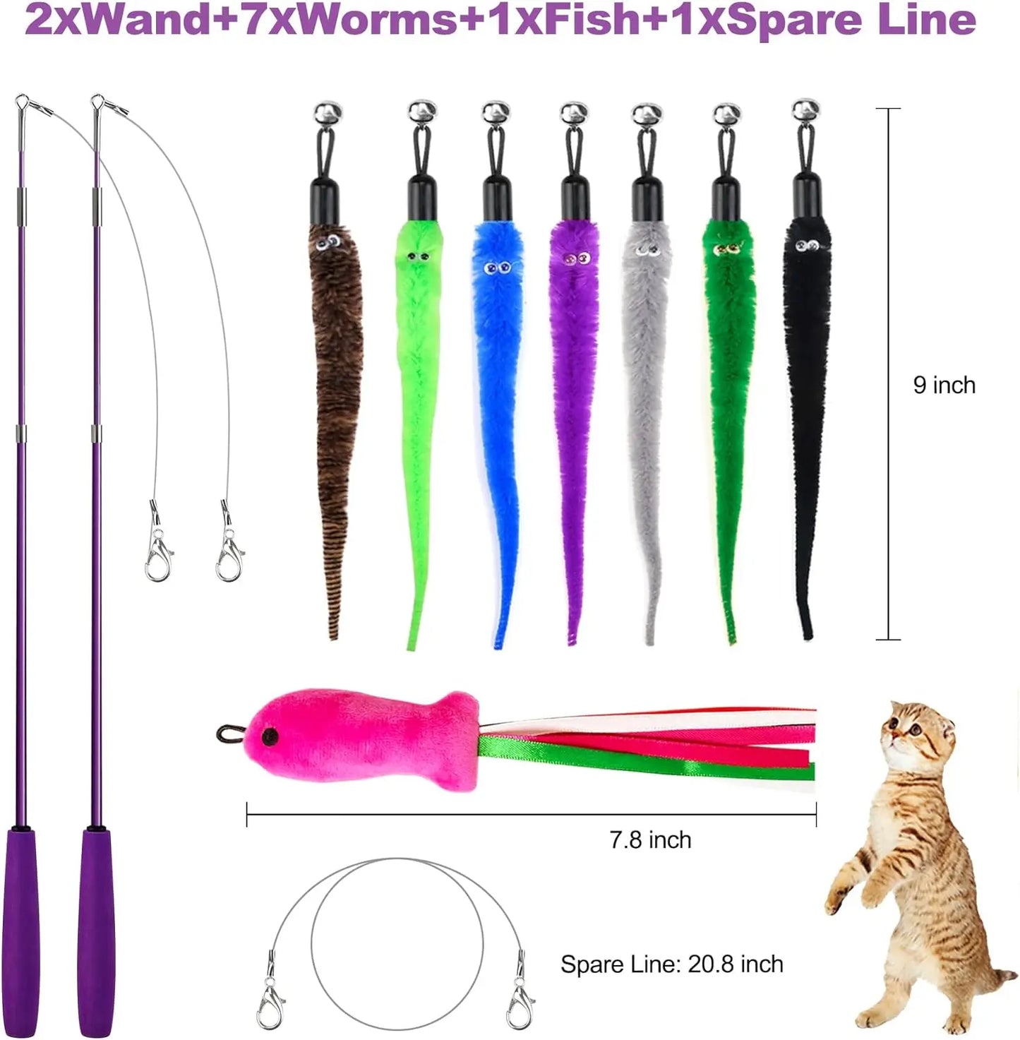 11PCS Cat Wand Toy, Cat Interactive Toys for Indoor Cats, 2 Retractable Cat Wand, 7 Worm Cat Teaser Toys and 1 Plush Fish Cat