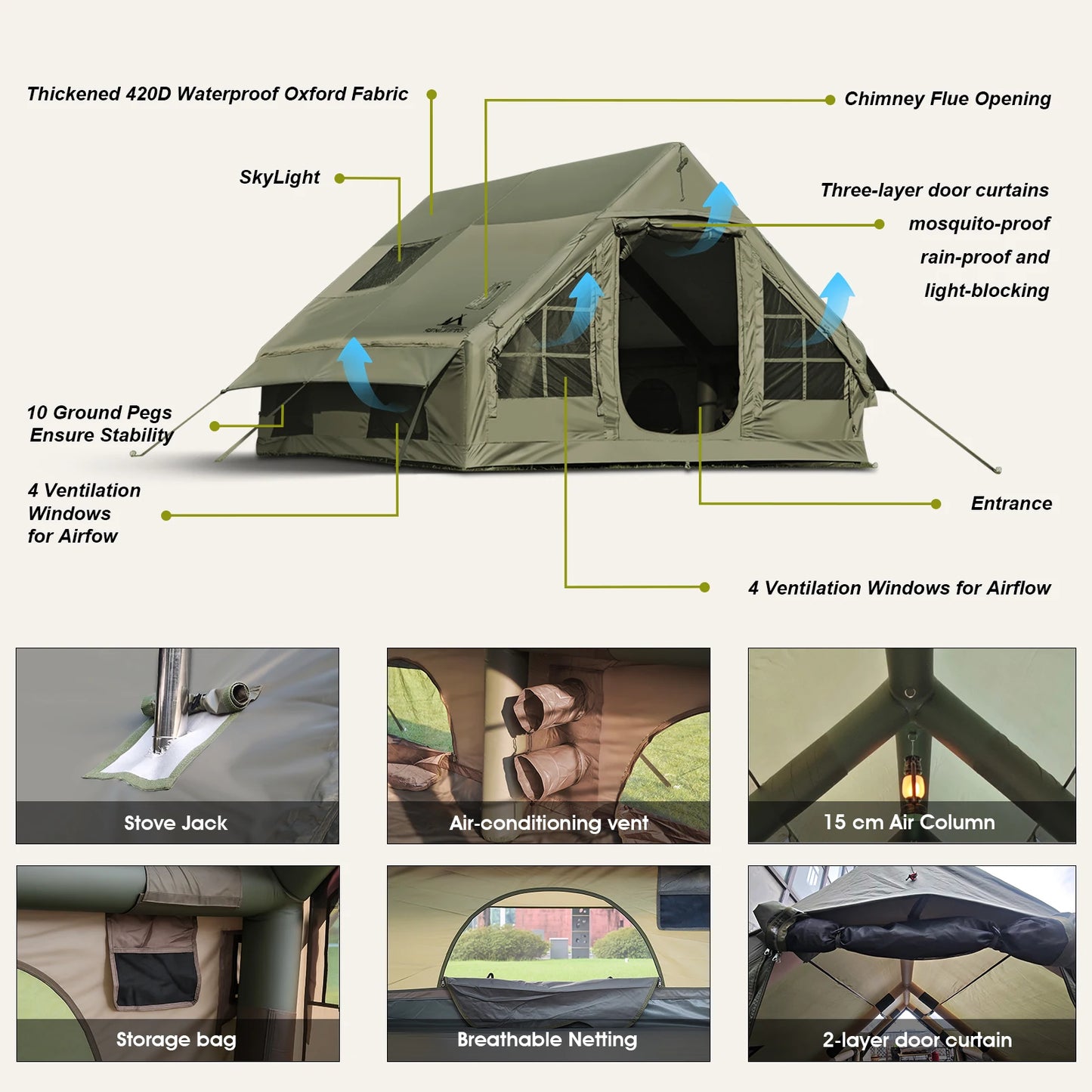 Army Green Waterproof Windproof Inflatable Tent for Camping,4 Season Air Glamping Tent House with Chimney Opening,AC Vent