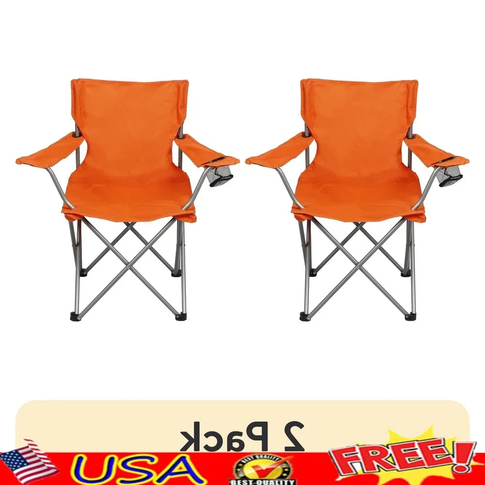 2 Pack Folding Camp Chairs with Cup Holder Portable Quad Frame Durable Outdoor Seating Tailgating Camping Sports Events