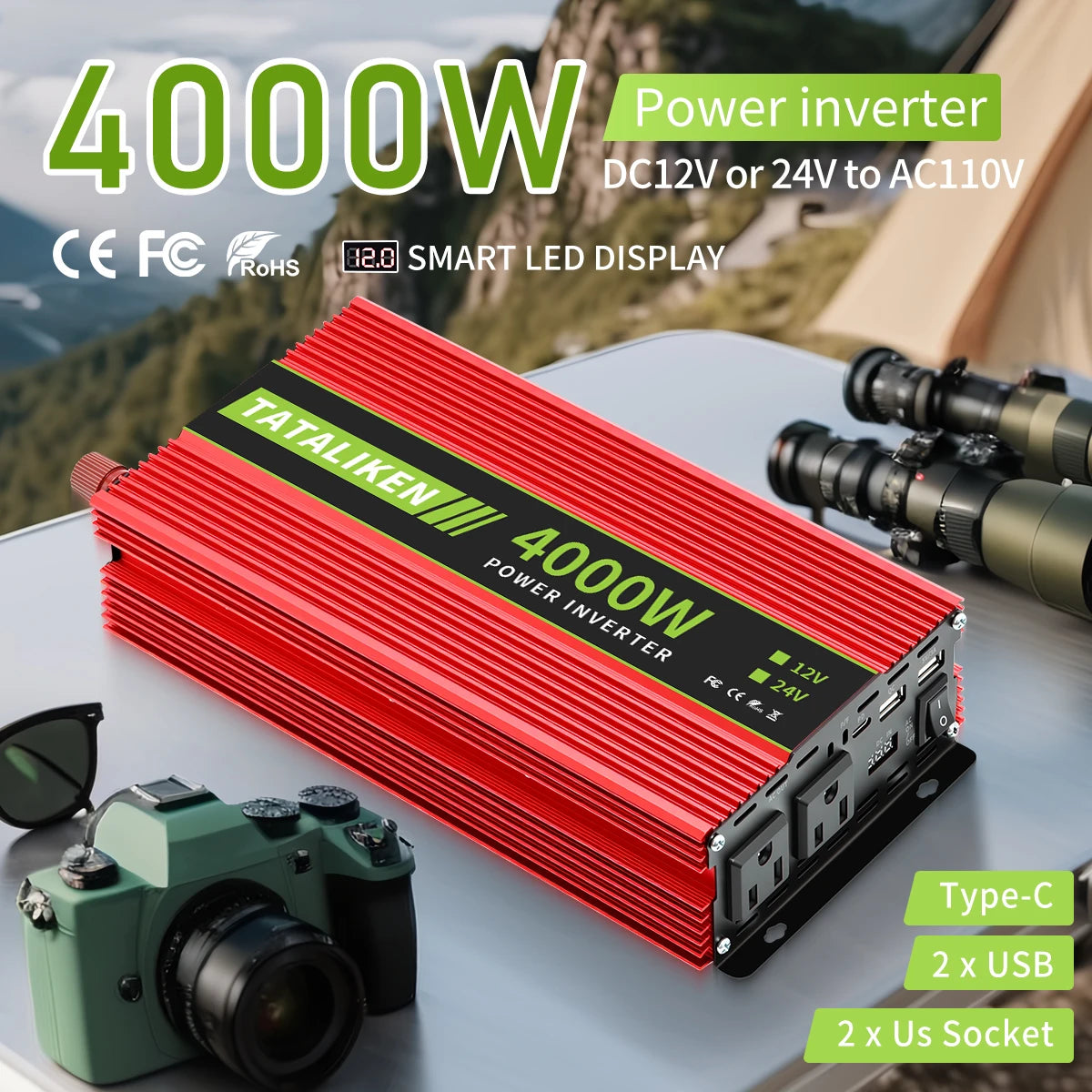 4000W Car Inverter, DC 12V to AC 110V60HZ power converter with LCD display, suitable for camping
